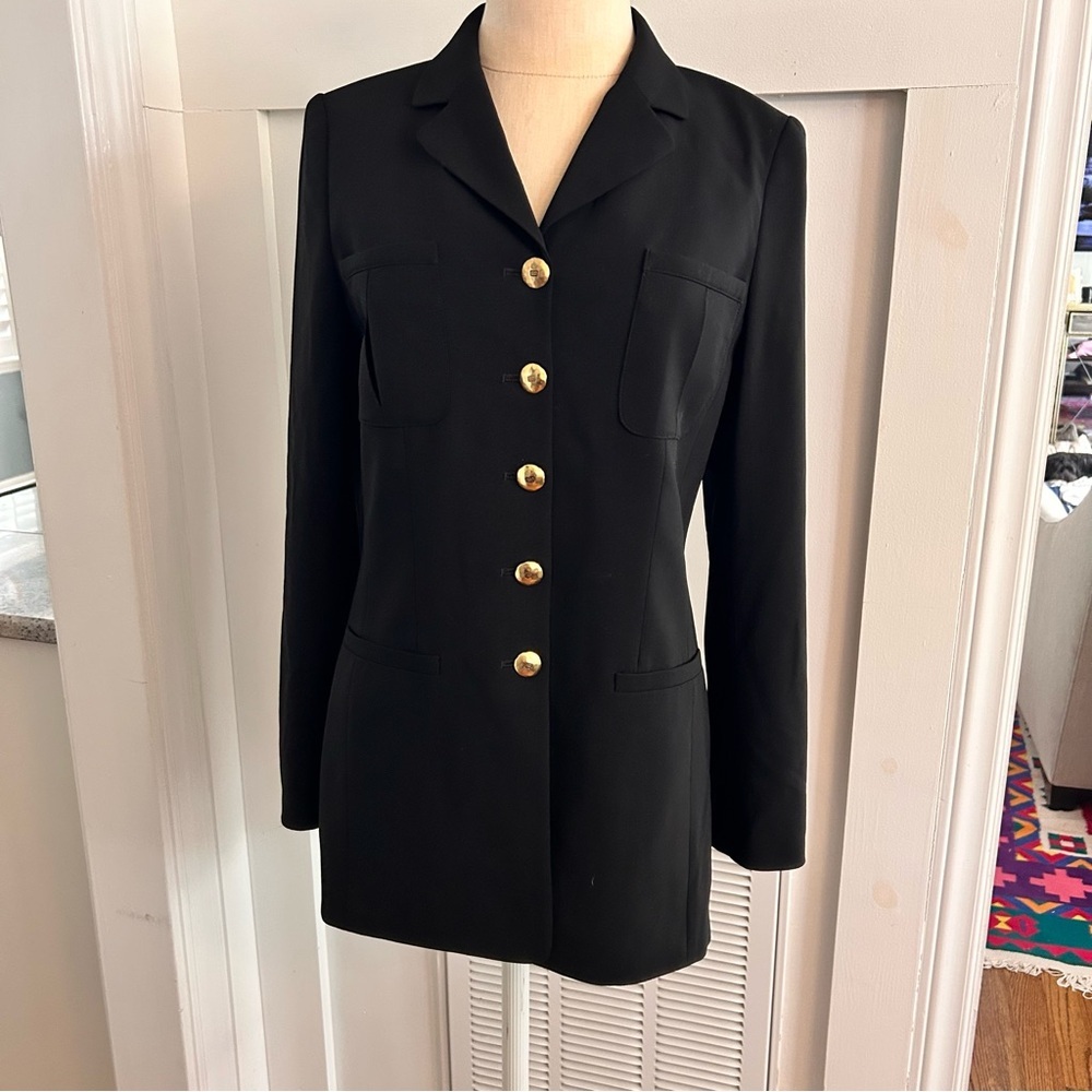 Rena Lange Black Blazer Gold buttons pleated back size 6